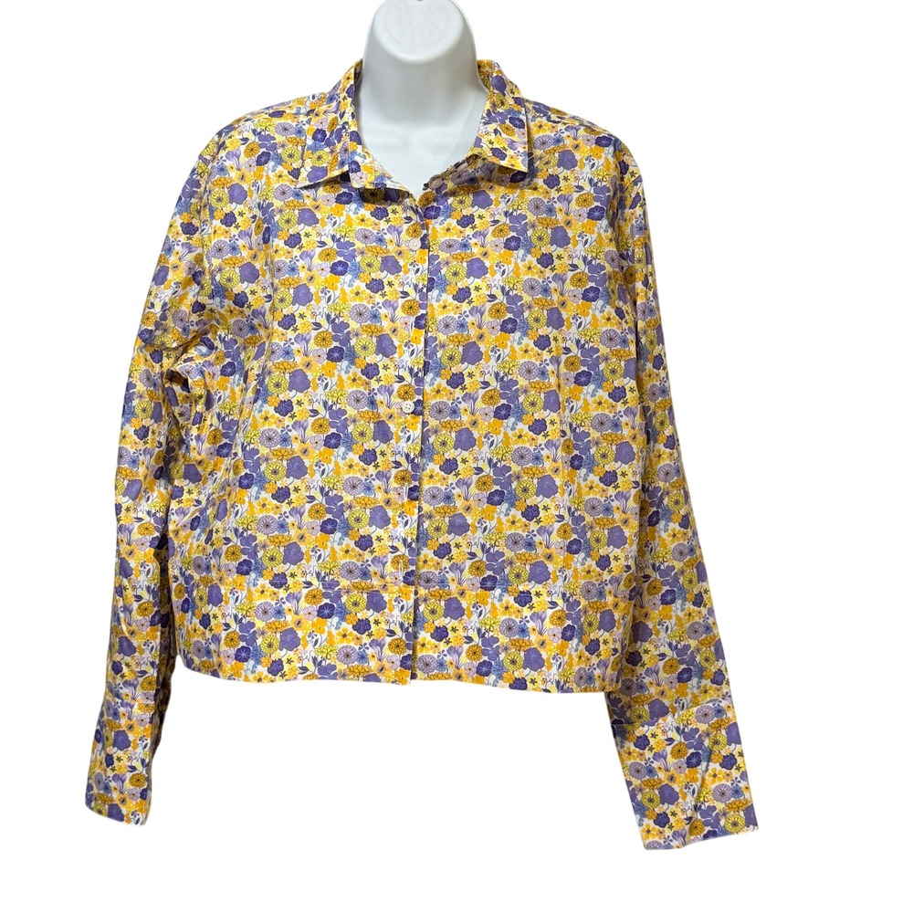 J.Crew Liberty Fabric Floral Button Up Shirt Purple Yellow Size 14 Cropped Boxy